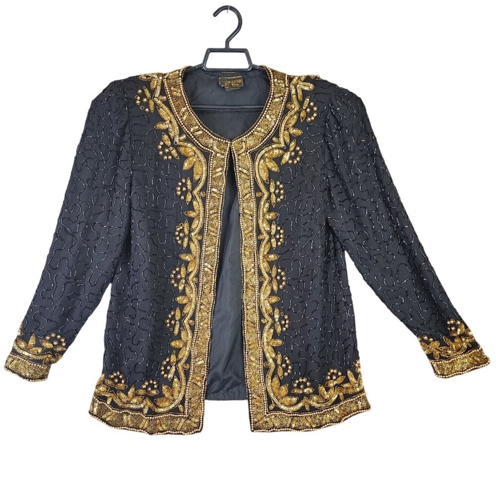 Womens Vintage Mark & John by Sam Black & Gold Beaded Silk Jacket Long Sleeve S